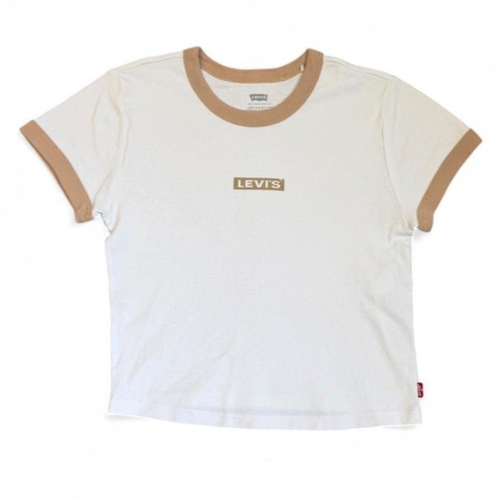 Levi's Women's Graphic Mini Ringer Baby Tee White Tan Box Logo Crop Top S